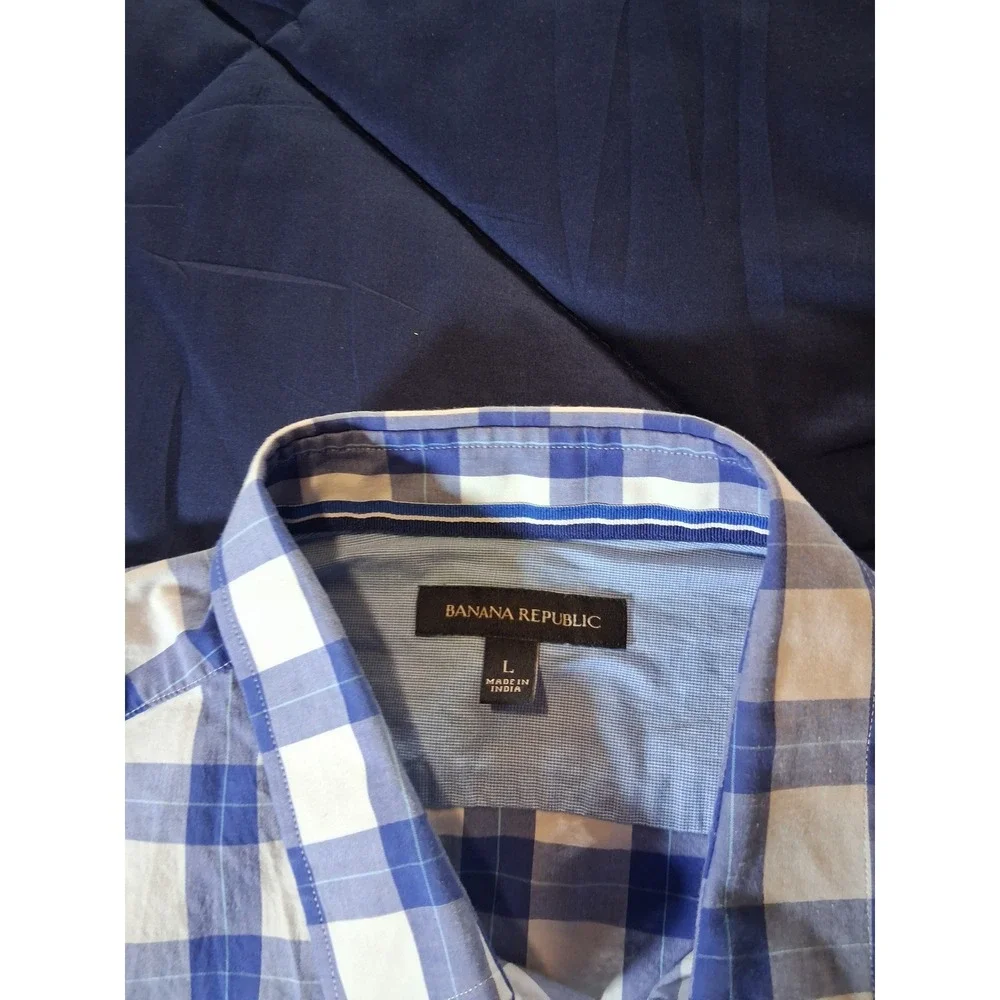 Banana Republic Mens Large Blue White Gingham Short Sleeve Button Down Shirt